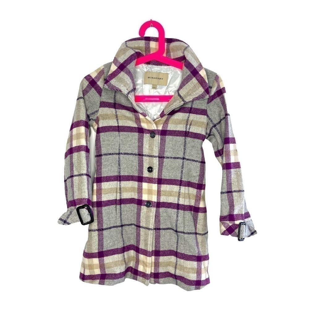Burberry Peacoat In Grey, Purple And Cream Check Plaid Size 8